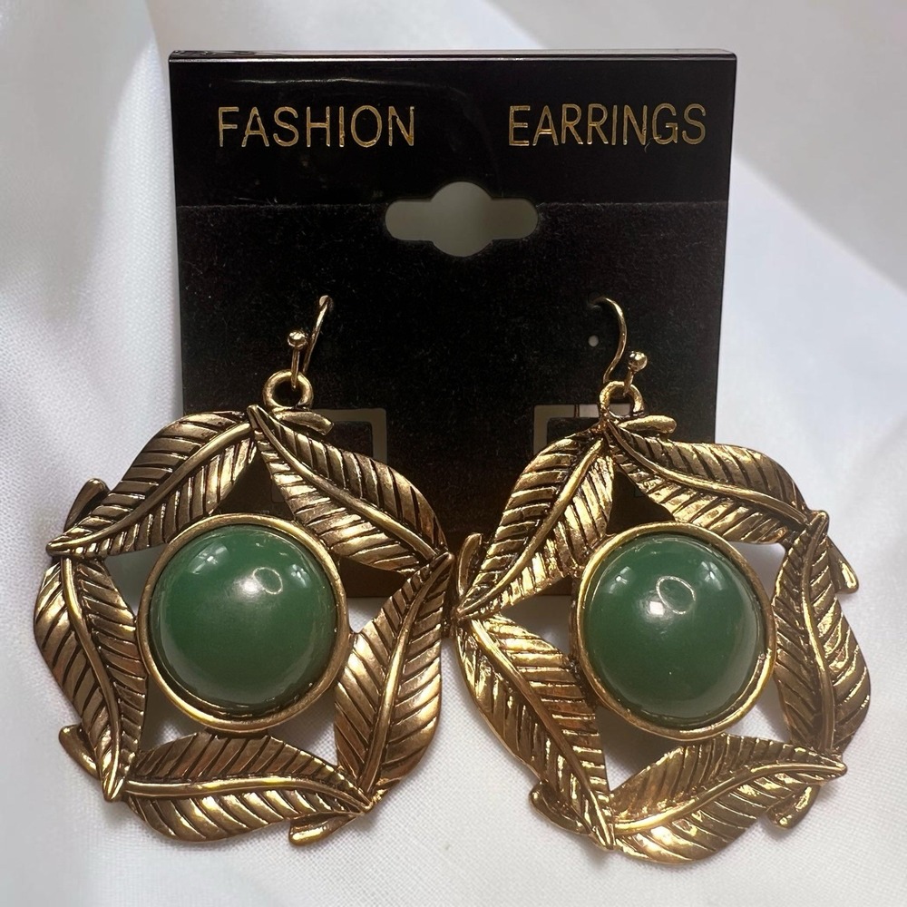 Earrings Hook Jade Green Color Fashion Jewelry Statement 1.5 in